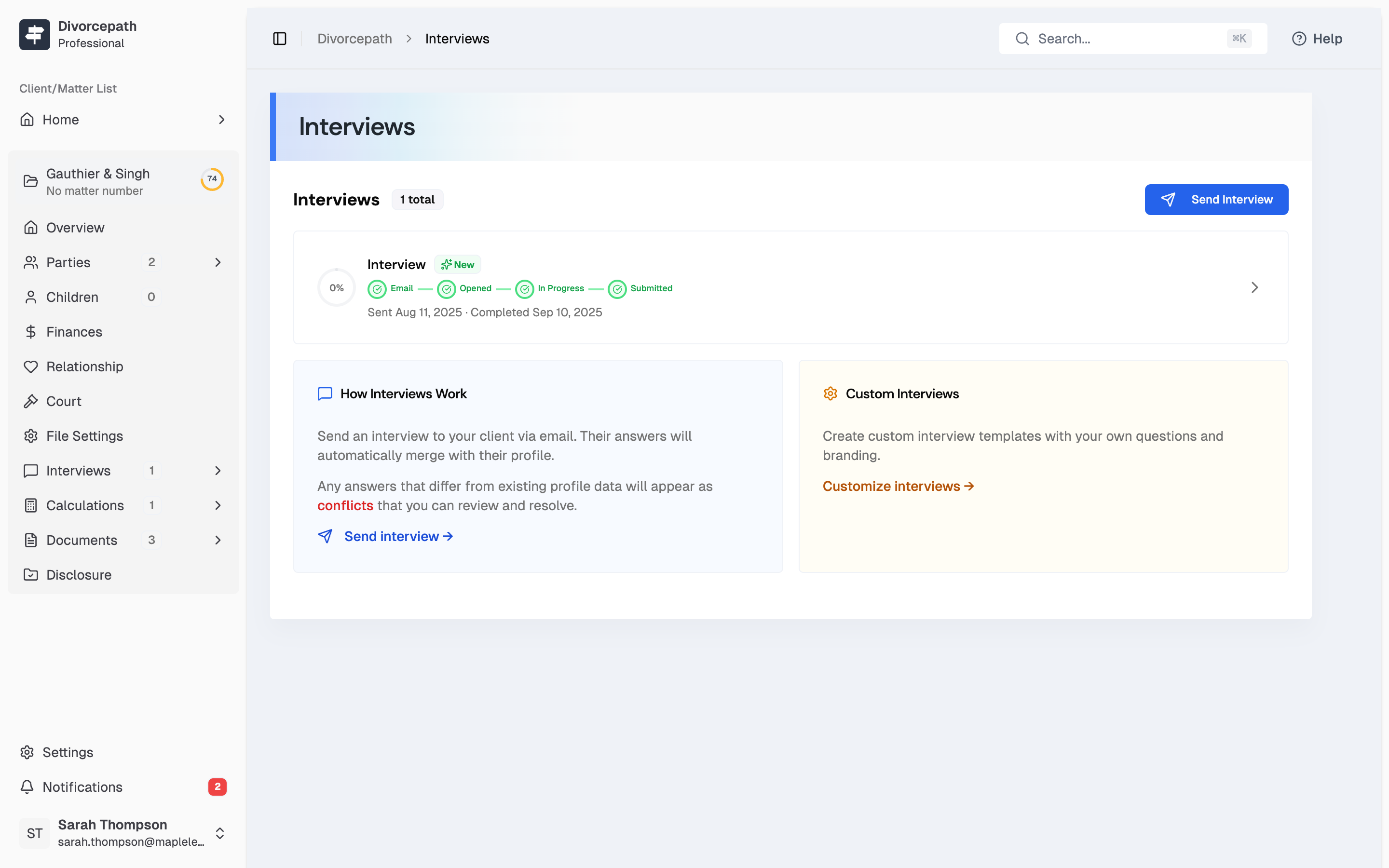 Client intake interview with pre-populated fields