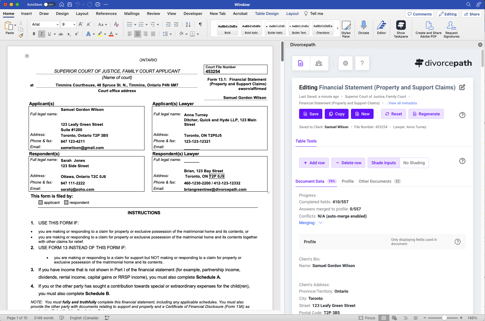 Divorcepath Word Add-In showing Form 13.1 in desktop Word